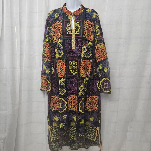 Rara Avis by Iris Apfel Kaftan Dress Maxi Embroidered Mesh Artsy Black Orange 1X - Picture 15 of 15